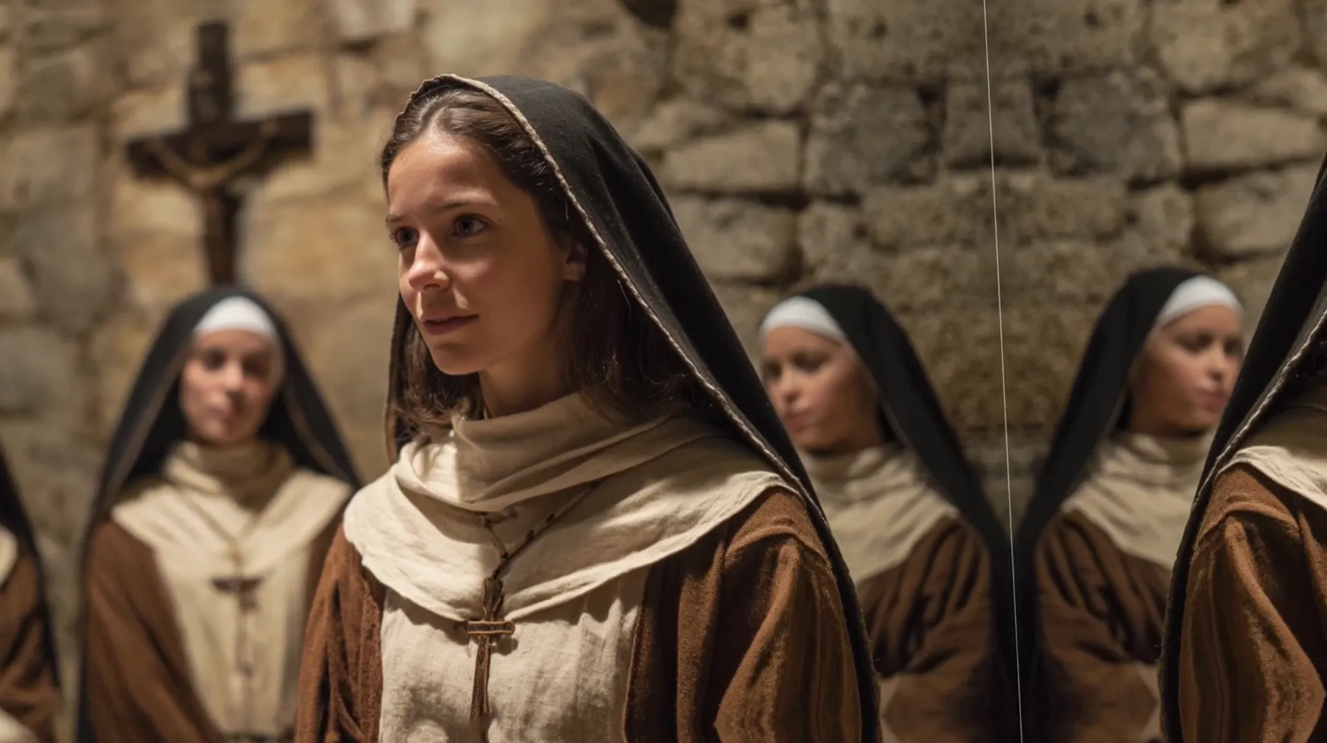 Representación de Santa Juliana en oración y servicio a los leprosos