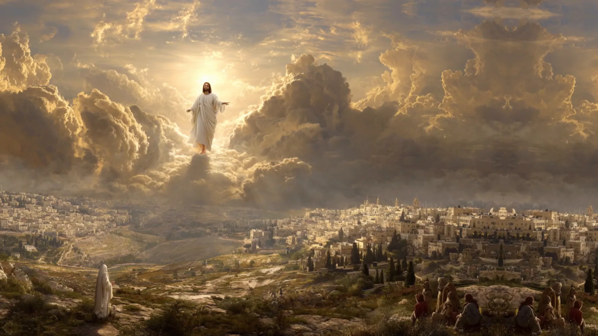Jesús asciende al cielo ante la mirada de María y los apóstoles