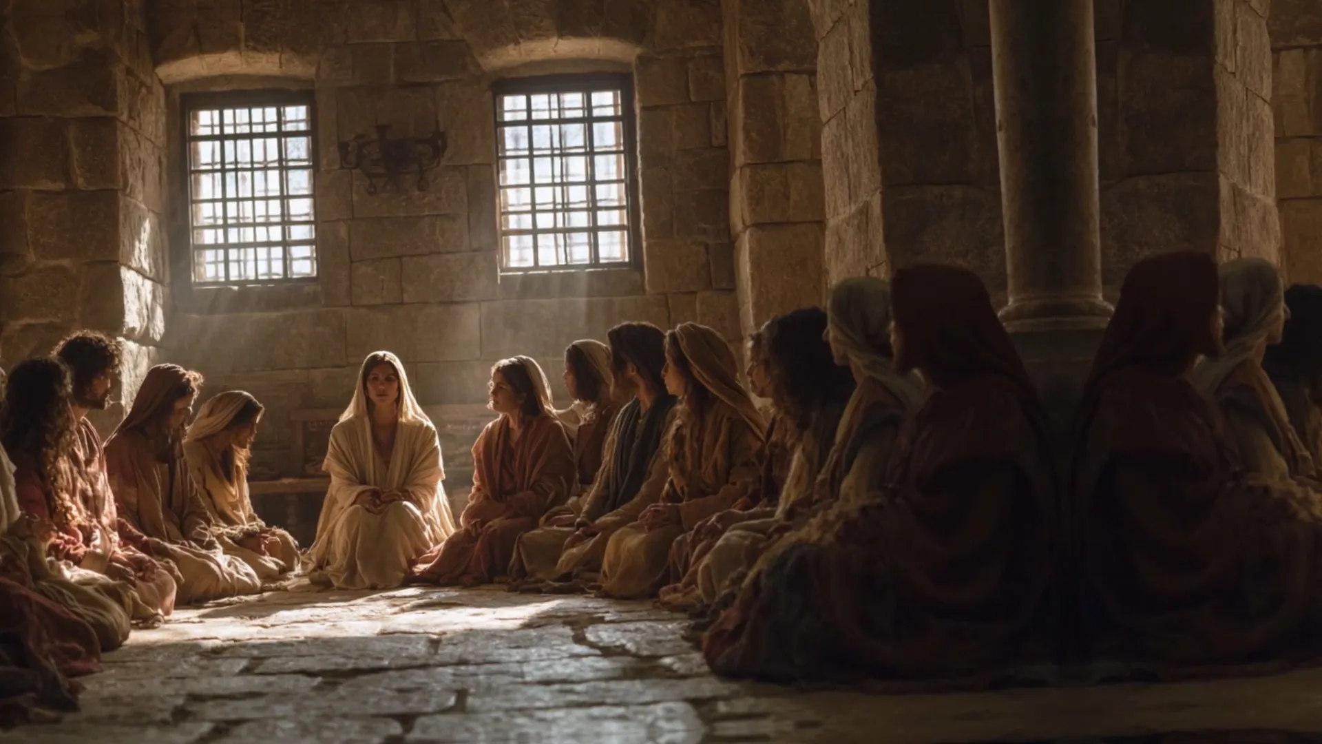 Los apóstoles y María compartiendo recuerdos de Jesús en la habitación superior