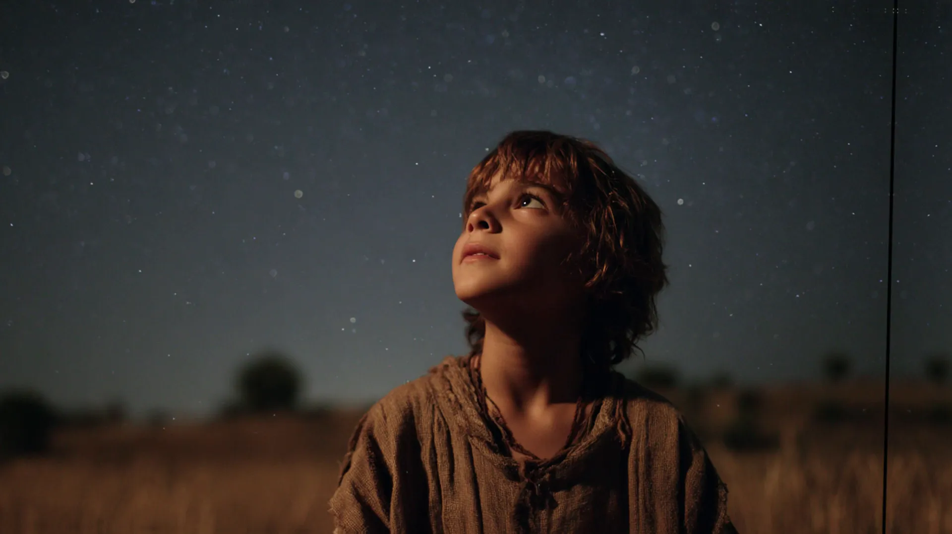 Young Lawrence contemplating the starry sky, symbolizing his early spiritual curiosity