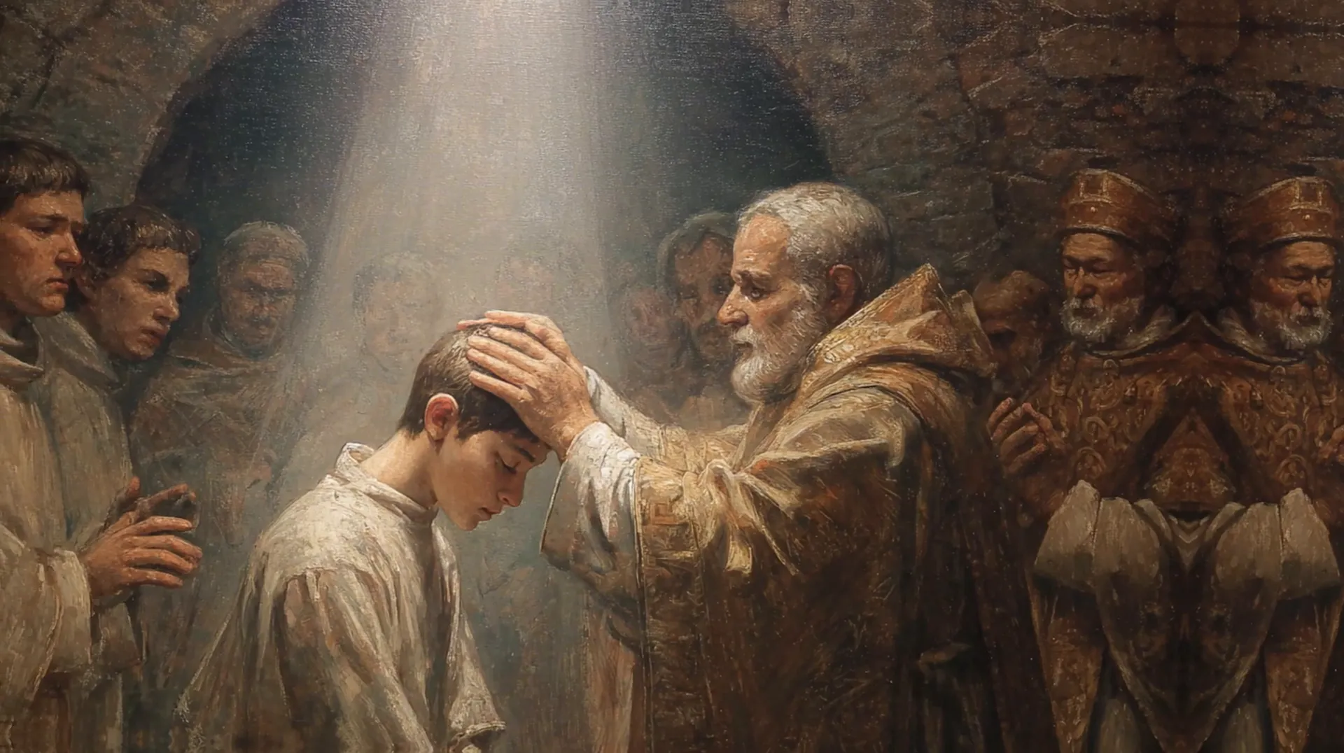 Lawrence receiving ordination as deacon in the catacombs, surrounded by early Christian community
