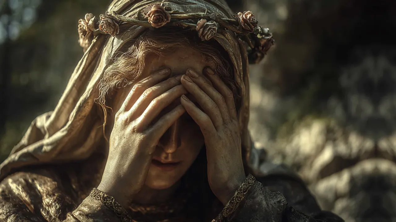 La visión de la Virgen sentada en la roca con el rostro entre las manos